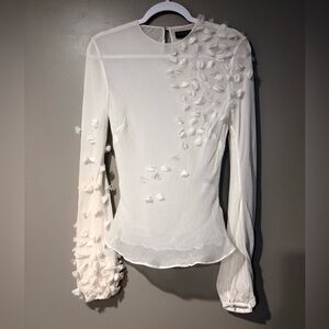 100% silk ballon sleeve semi sheer embellished fitted pearl button shirt